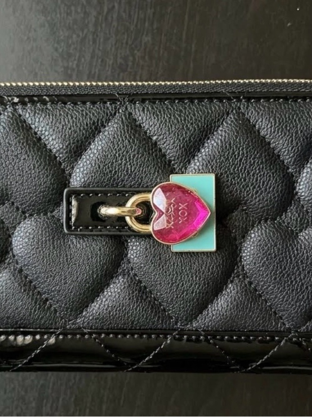Betsey Johnson Black Quilted Patent Tassel Phone Wallet with Pink Heart Pin